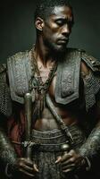Ancient warrior in ornate armor poses with sword against dark backdrop photo