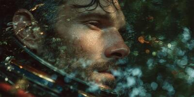Diver explores underwater depths with mesmerizing reflections and bubbles creating a captivating atmosphere photo