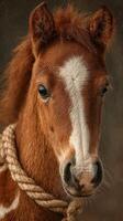 Cute brown foal with white markings posing for a portrait against a blurred background in a stable photo