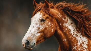 Majestic chestnut horse with flowing mane in a natural setting during a serene morning light photo