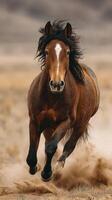 Majestic horse galloping through a golden landscape with dust cloud at sunrise in the open plains photo