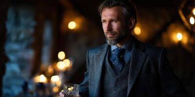 Elegant gentleman enjoying a drink in a dimly lit upscale lounge during the evening photo