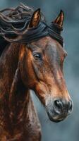 Majestic brown horse with flowing mane captivatingly gazes at the viewer in a detailed close-up shot photo