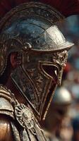 Ancient warrior stands proud in shining helmet during historical reenactment at outdoor venue under sunlight photo