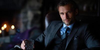 Sophisticated man enjoying a drink by a cozy fireplace in an elegant lounge setting during evening hours photo