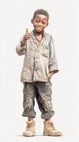 Young boy with dusty clothes gives a thumbs up in a cheerful gesture at an outdoor location photo