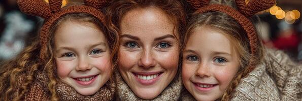 Smiling woman and two girls with festive knit hats enjoying cozy winter gathering in a holiday setting photo
