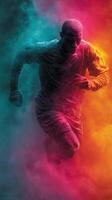 Vibrant athlete sprinting through colorful smoke during an intense workout session in a dynamic outdoor setting photo