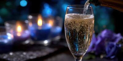 Bubbles rise in a champagne flute as golden liquid is poured amidst candlelight and vibrant flowers at a celebration photo
