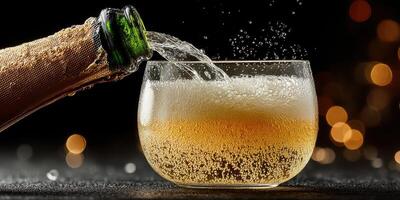 Celebrating with sparkling drink poured from bottle into glass, capturing joyous moments with fizz and bubbles photo
