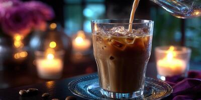 Iced coffee being poured into a glass with ambient candlelight and flowers in the background during evening hours photo