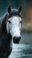 Majestic gray horse emerging from water against a blurred natural background in soft lighting photo