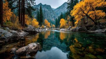 Autumn landscape with vibrant trees and calm river reflecting mountains photo