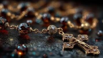 Intricate golden rosary with gemstones on a dark textured surface illuminated by soft light photo