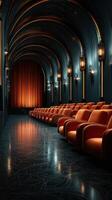 Elegant vintage cinema hall with orange chairs and warm lighting awaits audience in the evening photo