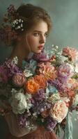 Young woman with a large bouquet of colorful flowers posed against a soft background in a serene setting photo