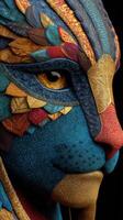 Intricate face art blending animal features and vibrant colors showcases creativity and cultural inspiration in a stunning close-up view photo