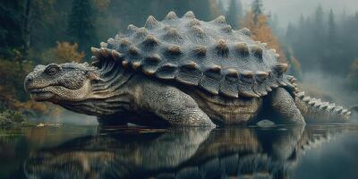 Massive turtle resting in a serene pond surrounded by misty autumn forest during early morning hours photo