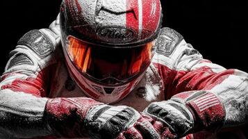 Racer in winter gear prepares for competition with snow-covered helmet and suit in dramatic lighting photo