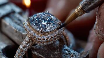 Craftsman working on a diamond ring in a jewelry workshop with intricate detailing showcasing skill and artistry photo