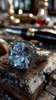 Stunning diamond ring displayed on wooden surface with sparkling gemstones and warm ambient light photo