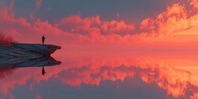 Sunset over calm waters with a lone figure standing on rocky shore reflecting vibrant colors photo