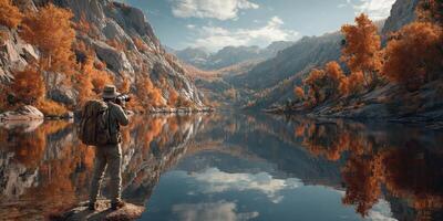 Photographer captures stunning autumn reflections by serene mountain lake at midday photo