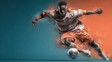 Dynamic soccer player performing an impressive kick in vibrant orange and blue colors during an energetic game photo