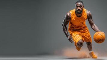 Dynamic basketball player dribbling down the court in an orange jersey during an intense game practice photo