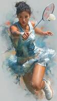 Female badminton player in action during a competitive match on an indoor court photo