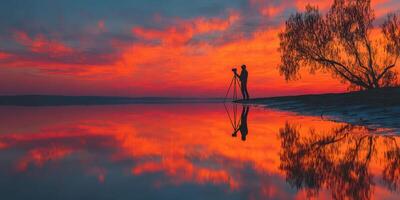 Photographers capturing vibrant sunset reflections at a tranquil lakeshore photo