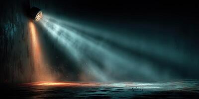 Luminous beams creating ethereal atmosphere in dimly lit space with reflections and shadows photo