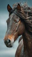 Majestic horse with flowing mane stands proudly against a dramatic backdrop during golden hour photo