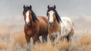 Beautiful wild horses standing in the grasslands during a foggy morning photo