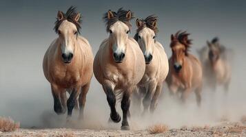 Wild horses run through dusty terrain in the early morning light, showcasing their strength and beauty in a natural setting photo