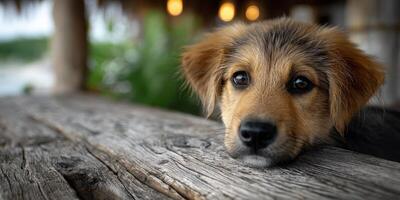 Curious puppy rests its head on a wooden table while enjoying the tranquil atmosphere of a tropical setting photo