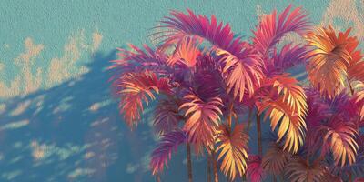 Vibrant tropical foliage against a textured blue wall in a warm, sunlit environment photo