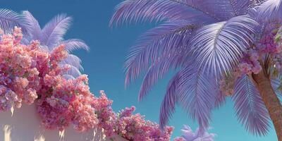 Vibrant floral and palm decor under a bright blue sky showcases nature's beauty in a tranquil setting photo