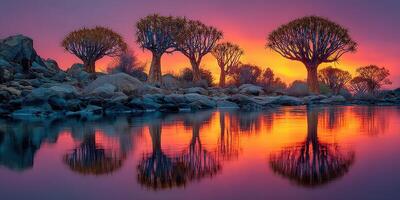 Quiver trees reflect in serene water at sunset in a vibrant landscape filled with colors photo