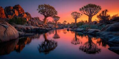 Quiver tree forest at sunset reflecting in tranquil water in Namibia's rocky landscape photo