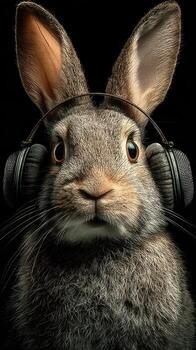Rabbit wearing headphones enjoys music in a dark setting, showcasing a unique and playful moment photo
