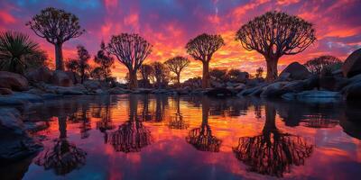 Quiver trees silhouetted against a vibrant sunset by a tranquil pond in Namibia's stunning landscape photo