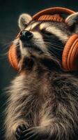Raccoon enjoying music with headphones in a cozy indoor setting during evening hours photo
