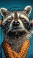 Raccoon enjoying music while wearing headphones and a cozy sweater indoors photo