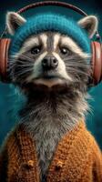 Raccoon wearing headphones and cozy sweater striking a confident pose in a whimsical setting photo