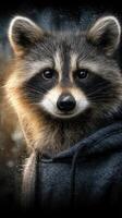 Raccoon wearing hoodie enjoys an urban environment at dusk with shimmering lights in the background photo