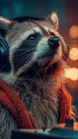 Raccoon wearing headphones listening to music in a cozy setting during the evening photo