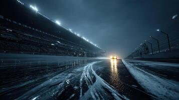 Nighttime race car on wet track illuminated by floodlights during a rainstorm at a speedway event photo