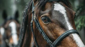 Majestic horses in the forest, captured during a tranquil moment in nature photo