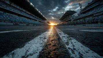 Sunset view over racetrack with empty stands and dramatic clouds at evening photo
